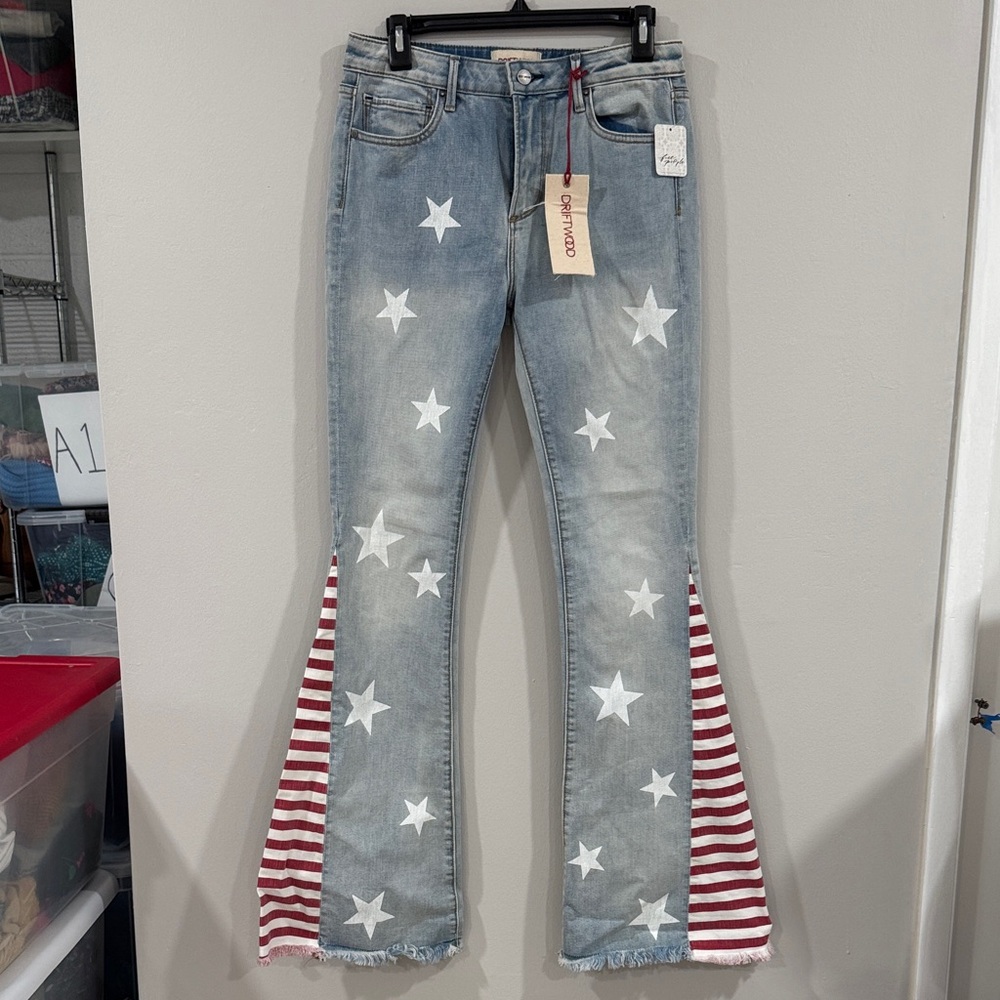 DRIFTWOOD Light Wash Star Print Flare Jeans with Red & White Stripe Inset - Picture 3 of 6